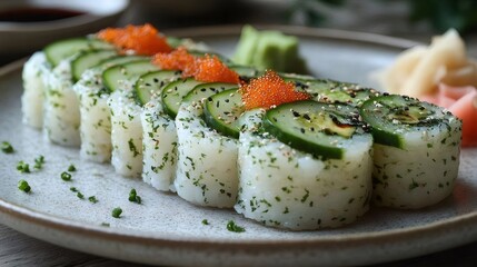 クローズアップ画像 寿司ロール きゅうり トビコ ワサビと生姜添え グレーの背景