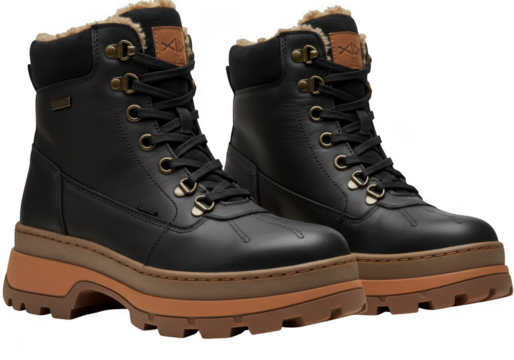 Pair of black leather boots with brown soles isolated on transparent background