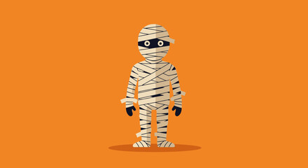 Cute Cartoon Mummy Character with Bandages and Wide Eyes on Bright Orange Background for Kids' Halloween or Costume Theme Designs