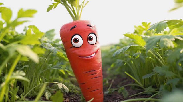 This charming video features a personified carrot with big, friendly eyes and a wide grin, set against a blurred background of a vibrant vegetable garden.