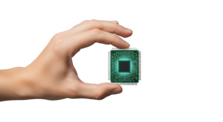 Hand holding glowing cpu processor chip for computer technology and future innovation concept design on transparent background