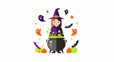 Naklejka premium Festive Halloween Witch Cauldron with Magical Elements and Decorations for Celebration and Spooky Party Themes | Halloween Costume and Party Supplies Illustration