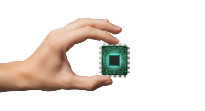 Hand holding glowing cpu processor chip for computer technology and future innovation concept design on transparent background