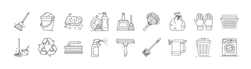Eco and environment line icon set - Collection of outline icons representing ecology and environmental sustainability including compost bin, globe, leaf, recycling paper, recycling bin, solar panel,