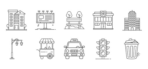 City and urban life line icon set - Collection of outline icons representing city and urban life including buildings, billboard, park bench, shop, office tower, street lamp, food cart, taxi, traffic 