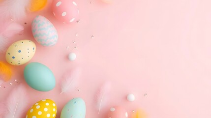 パステル色の背景にイースターエッグと羽が散りばめられた春のコンポジション