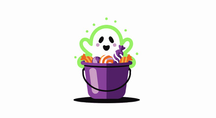 Playful Halloween Ghost in a Purple Bucket Filled with Colorful Candy, Spooky and Cute Themed Trick-or-Treating Decoration for Kids, Halloween Party, and Holiday Celebration