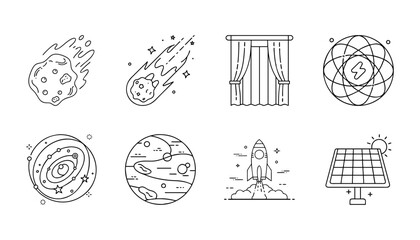 Space exploration and astronomy line icon set - Collection of outline icons representing space exploration and astronomy including asteroid, comet, galaxy, planet, rocket launch, atom, solar panel