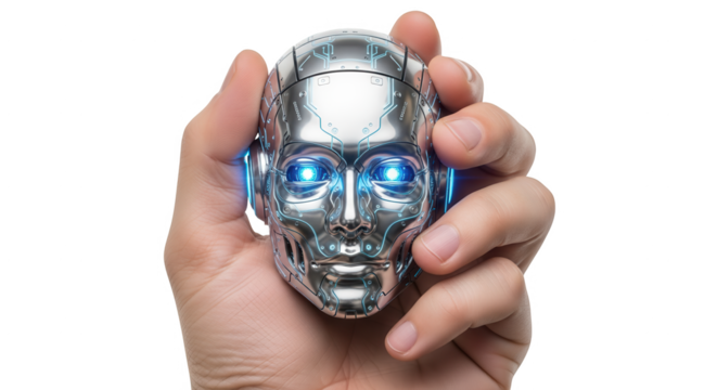 Futuristic robot head held in hand ai concept artificial intelligence technology innovation future tech on transparent background