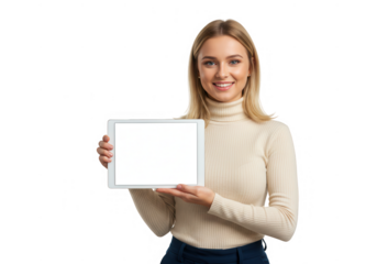 Smiling blonde woman holding tablet with blank screen isolated on transparent background