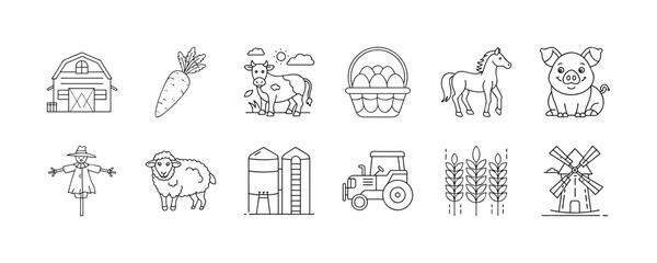 Farm and agriculture line icon set - Collection of outline icons representing farming and agriculture including barn, cow, pig, horse, tractor, crops, windmill, eggs, carrot, and scarecrow.
