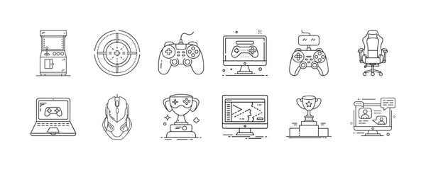 Video gaming and esports line icon set - Collection of outline icons featuring gaming and esports elements including controllers, headset, gaming chair, trophy, laptop, arcade machine, and target.
