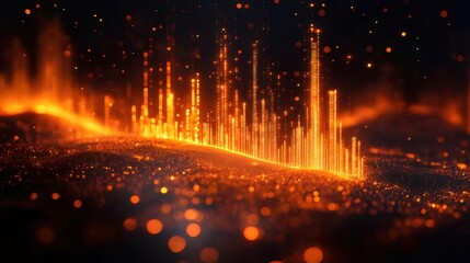 Abstract Orange Glowing Digital Landscape with Rising Pillars and Bokeh Effects on Dark Background