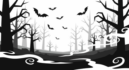 Spooky Haunted Forest Scene with Bats Flying Over a Dark River during Halloween or Autumn Night, Black and White Silhouette Illustration for Horror, Halloween Events, and Nighttime Nature Themes