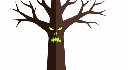 Spooky Haunted Tree Illustration with Menacing Face Featuring Green Glowing Eyes and Sharp Yellow Teeth for Halloween Horror Themes and Dark Fantasy Designs