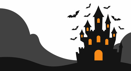 Spooky Haunted Castle Silhouette at Night with Bats and Dark Clouds for Halloween and Horror Themes, Suitable for Horror Movies, Haunted House Events, Halloween Decorations, and Gothic Design Projects