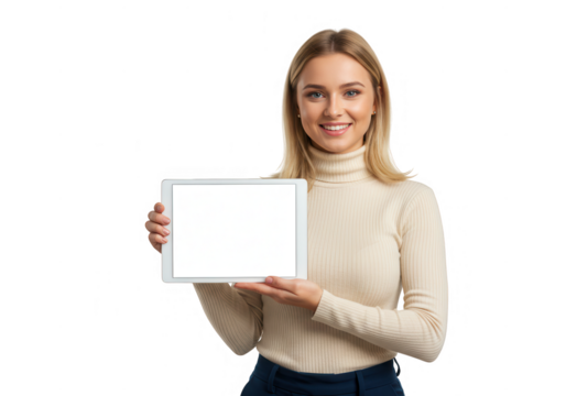 Smiling blonde woman holding tablet with blank screen isolated on transparent background