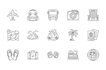 Travel and vacation essentials line icon set - Collection of outline icons showing travel and vacation elements including airplane, backpack, map, hotel, passport, suitcase, camera, train, and sunglas