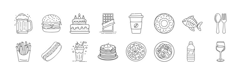 Food and drink variety line icon set - Collection of outline icons featuring food and drink items including burger, fries, pizza, coffee, cake, donut, chocolate, wine, and fish.
