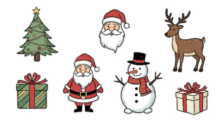 Illustration of christmas tree santa reindeer snowman and gifts