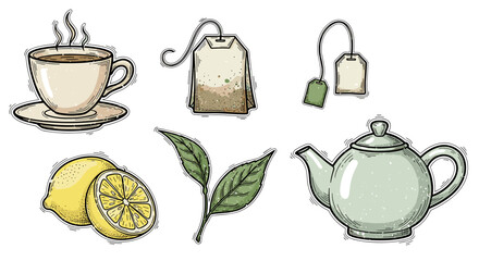 Illustration of tea set with cup, teapots, teabags, lemon and tea leaves