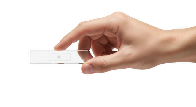 Hand holding microscope slide for medical research laboratory analysis and scientific study test 100 on transparent background