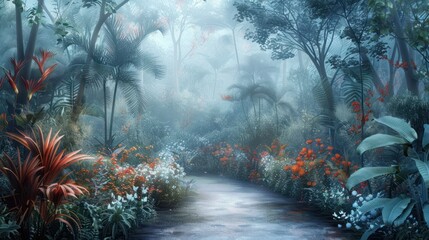 Misty tropical forest pathway