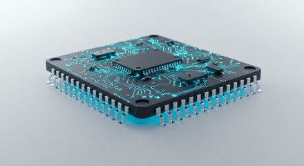 Advanced microprocessor chip with glowing digital pathways symbolizing the core of artificial intelligence and high-speed computing technology