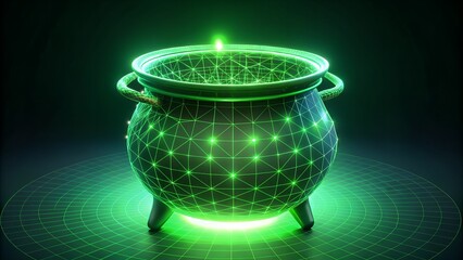 Glowing Green Wireframe Cauldron on Illuminated Grid.