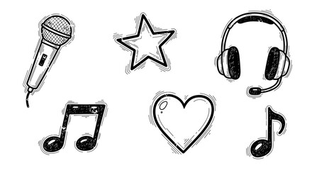 Hand drawn microphone star headphones music notes and heart doodles art