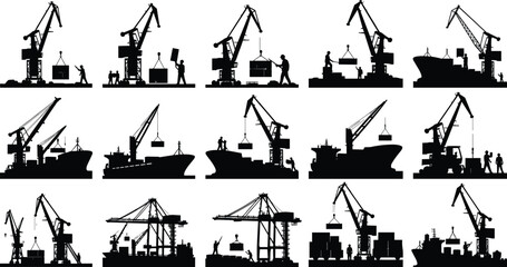 Silhouettes of cargo cranes and workers loading and unloading containers at shipping port, maritime transport, logistics, shipping industry, dock workers.