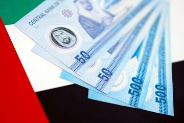 United Arab Emirates dirham currency money bills lies on flag. The concept of business and...