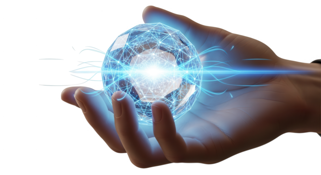 Hand holding glowing orb digital technology innovation future tech energy ball power source concept on transparent background