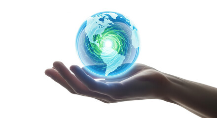 Globalization concept earth in hand world hologram technology future innovation digital transformation on transparent background
