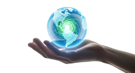 Globalization concept earth in hand world hologram technology future innovation digital transformation on transparent background