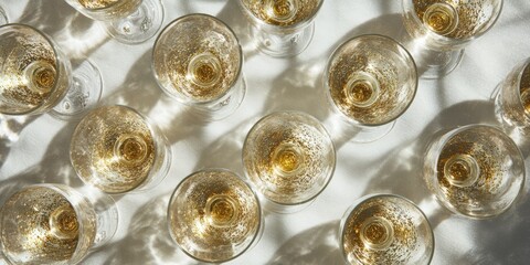 Champagne flutes, golden glitter,  top view