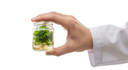 Plant tissue culture in jar held by scientist hand for agricultural research and biotechnology study on transparent background