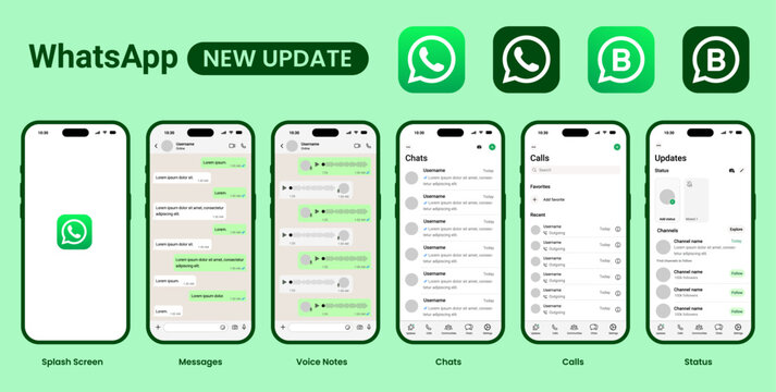 WhatsApp mobile app UI template mockup with smartphone frame, chat interface, voice note, call list, status, setting screen, and WhatsApp logo icons vector illustration