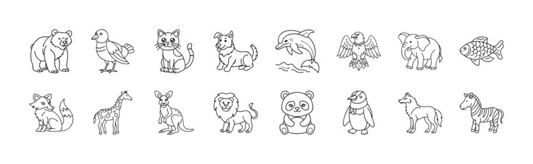 Wild and domestic animals line icon set - Collection of outline icons featuring various animals including bear, dog, cat, lion, dolphin, panda, penguin, horse, giraffe, and fish.
