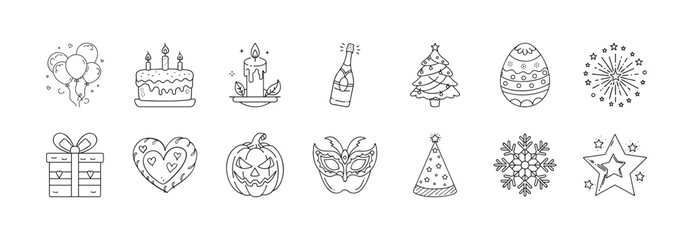Celebration and holiday symbols line icon set - Collection of outline icons featuring holiday and celebration symbols such as birthday cake, balloons, Christmas tree, Easter egg, and gifts.
