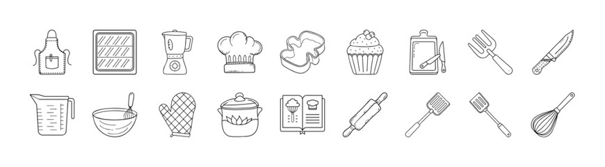 Cooking and Baking Line Icon Set Collection - Minimal line icons featuring various cooking and baking tools including utensils, ingredients, and kitchen essentials for culinary themed designs.
