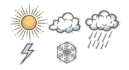 Illustration of weather icons including sun clouds rain lightning snow