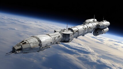Fototapeta premium Futuristic spacecraft above Earth