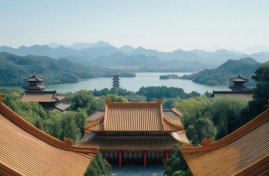Green Hillside Overlooking Temple with Trees Pagodas and Distant Mountains in Daytime