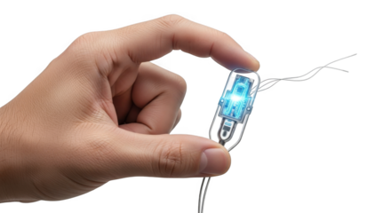 Hand holding capsule endoscopy device for medical imaging and diagnostic testing technology research on transparent background