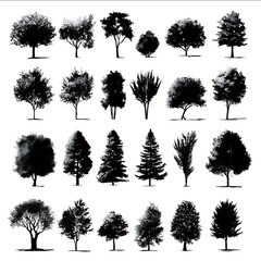 i need 2d simple and minimalistic photoshop brushes for bush and tree sprite sheet which are black in white background no shade vector art uniform black color