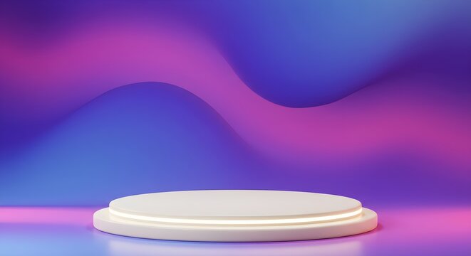 Sleek Modern 3D Podium with Glowing Purple, Blue, and Pink Gradient Background &ndash; Ideal for Futuristic Product Displays, Technology Showcases, and Trendy Promotional Visuals