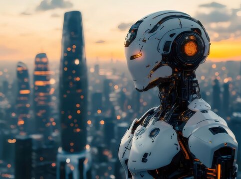未来的な白いロボットが都市のスカイラインを見下ろす夕暮れの風景