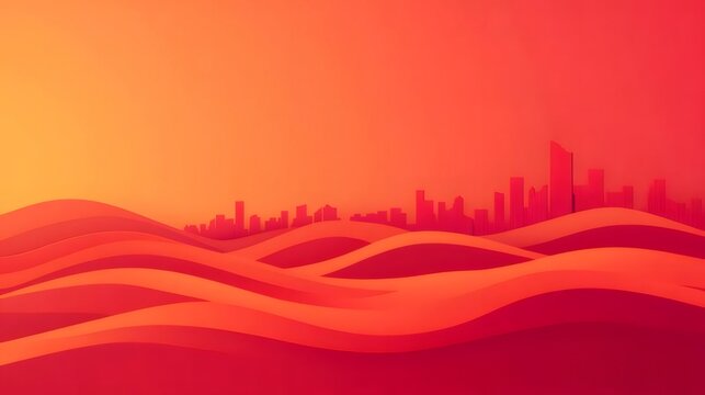 Abstract Orange Red Gradient Waves with Distant City Skyline Illustration