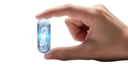 Futuristic embryo capsule held in hand for science technology and medical research advancements on transparent background